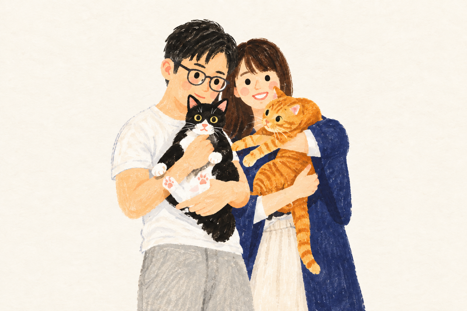 A colourful illustration of Ngan In and Chi Wo holding their black-and-white cat and orange tabby on warm cream paper.